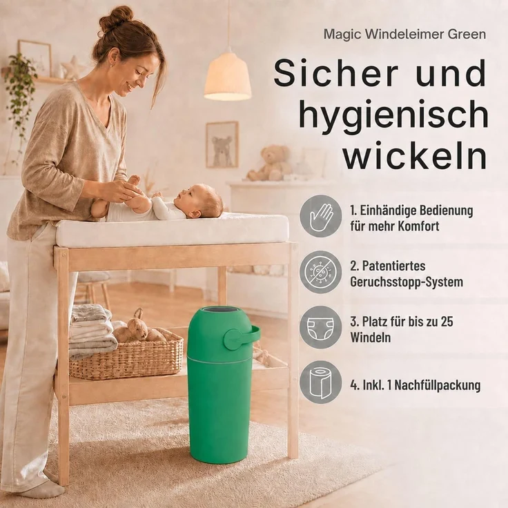 Set Magic Windeleimer, Abfalleimer mit Geruchsstopp, ohne Kassette + Windel | Hygienischer Mülleimer Geruchsdicht für Windeln ohne Kassette, Hygieneeimer für Windelentsorgung, Bad, Kinderzimmer, Küche – Bild 2