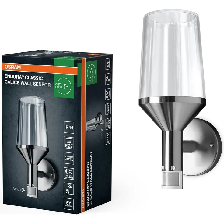 Osram ENDURA Classic Calice Sensor-Wandleuchte in moderner Edelstahloptik mit Glasdiffusor, E27, IP44-Schutz, für Auffahrt- und Wegbeleuchtung
