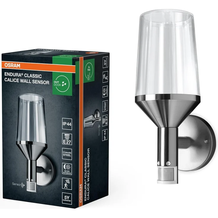 Osram ENDURA Classic Calice Sensor-Wandleuchte in moderner Edelstahloptik mit Glasdiffusor, E27, IP44-Schutz, für Auffahrt- und Wegbeleuchtung