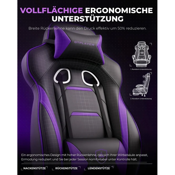 GTPLAYER Gaming Stuhl mit Fußstütze, Ergonomischer Bürostuhl 180kg, Schwerlast Gaming Sessel mit Lendenwirbelstütze und Kopfstütze, Höhenverstellbarer Computerstuhl, Gepolstert, neigbare 155°, Lila – Bild 5