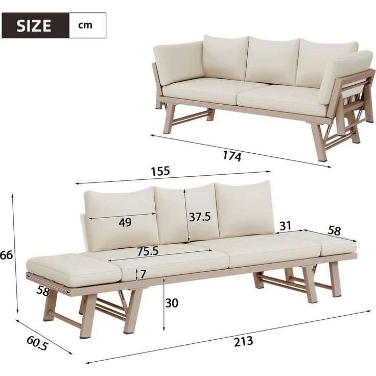 Merax Gartenmöbel-Set, Outdoorsofa, 3-Sitzer-Sofa, Gartensofa mit Liegefunktion, Sonnenliege Gartenliege mit Auflagen und klappbaren Armlehne, Gartencouch, Beige – Bild 4