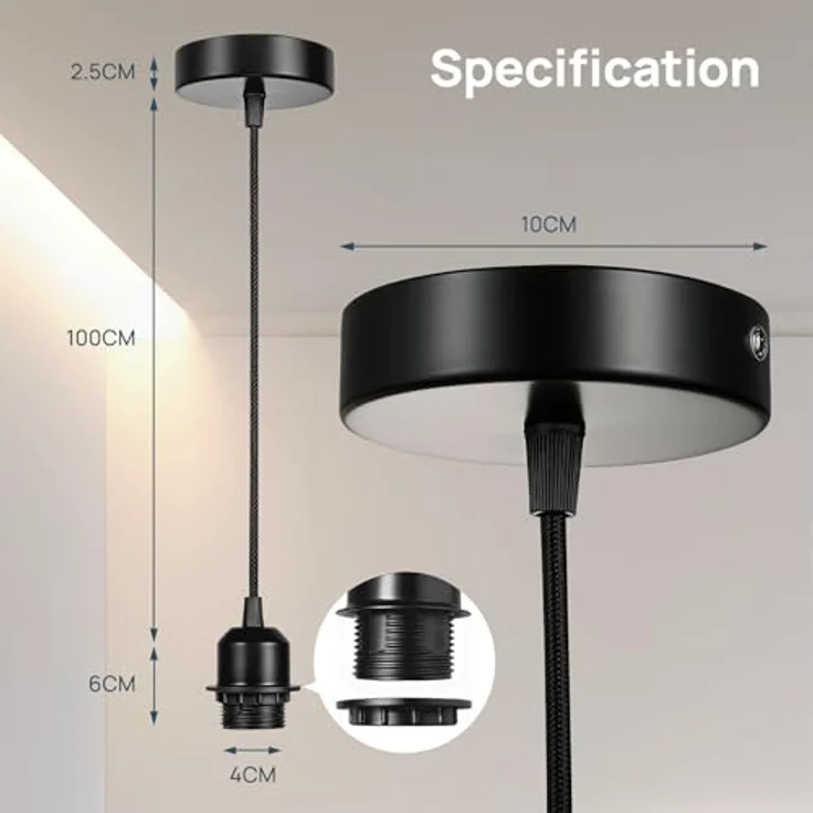 Linkind Lampenaufhängung E27 mit Schraubring, 100cm Textilkabel Höhenverstellbar, Lampenschirm frei wählbar Pendelleuchte mit E27 Fassung, Lampenhalterung ideal für Deckenlampe Wohnzimmer, Schwarz – Bild 7