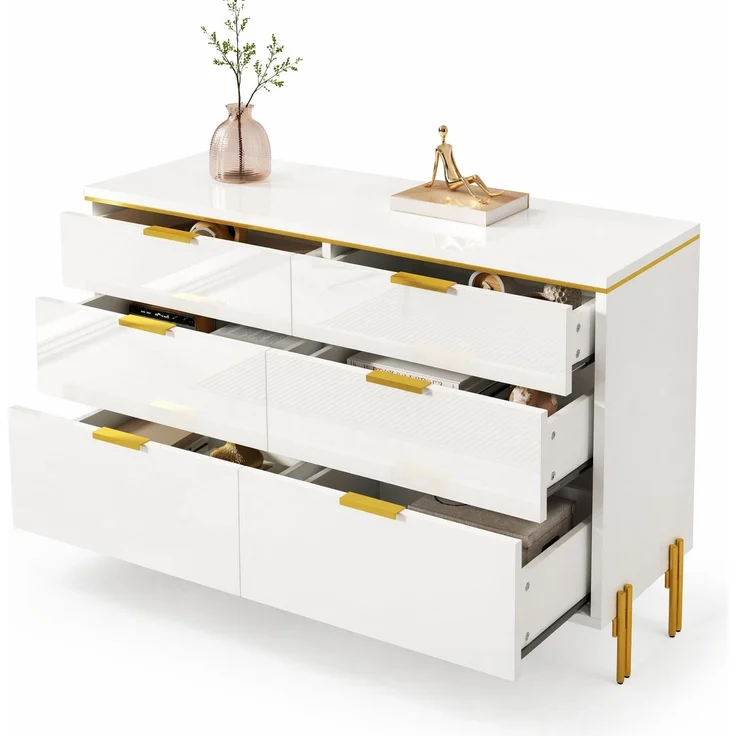 DESVIAE Sideboard mit 6 Schubladen 120x85,5x40 cm Spanplatte Weiß mit Hochglanzfronten – Bild 7