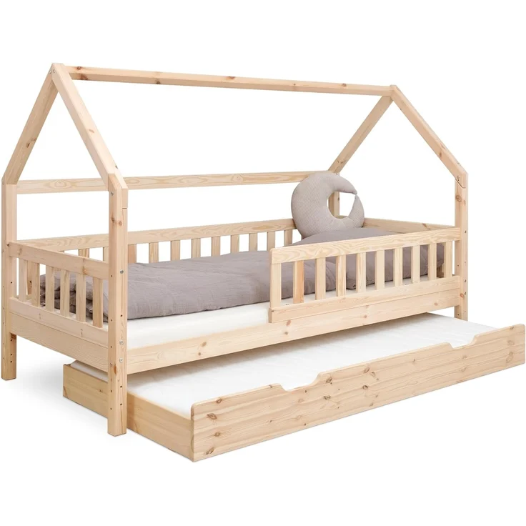 Ehrenkind Hausbett aus nachhaltigem Kiefernholz (mit abnehmbarem Rausfallschutz aus nachhaltigem Holz, Erhältlich in Natur und Weiß Kinderbett 80x160/90x200 cm), höhenverstellbar, nachhaltiges Kiefernholz, hergestellt in Europa – Bild 1