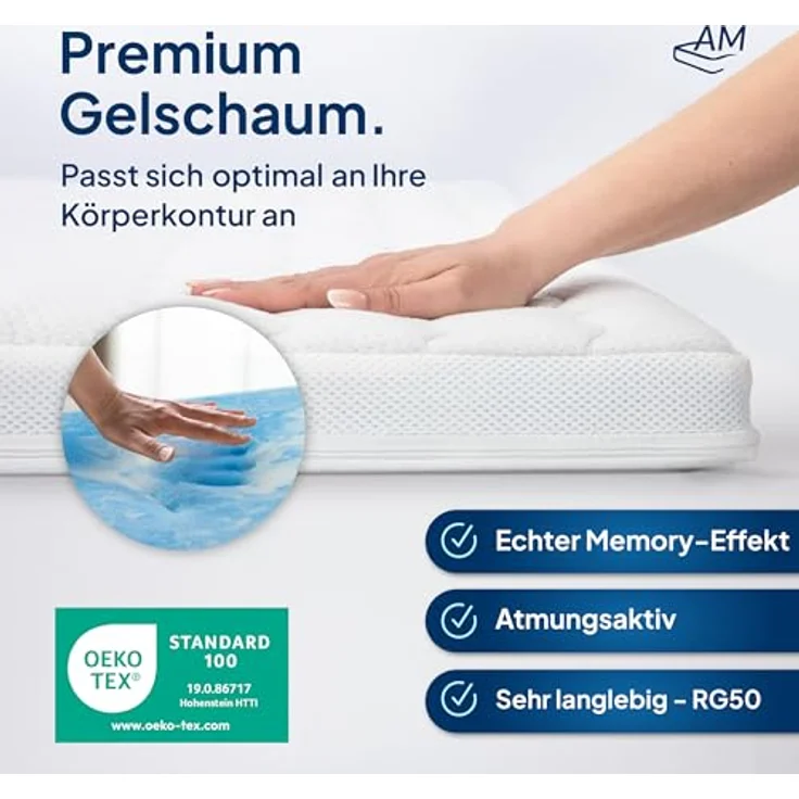 AM Qualitätsmatratzen Premium Plus Gelschaum-Topper 160x190 cm, 8 cm hoch, RG 50, Lyocell-Bezug, Antirutschfunktion, Klimaband, Qualität Made in Germany – Bild 3