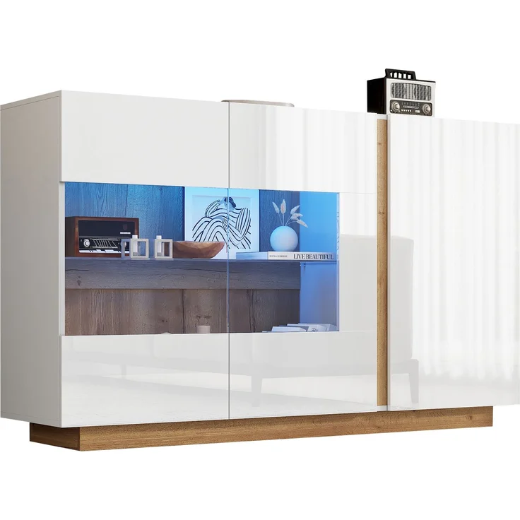 DESVIAE Sideboard mit LED-Beleuchtung und 3 Türen, 138x90,5x38,5 cm, Spanplatte und Glas, Weiß – Bild 7
