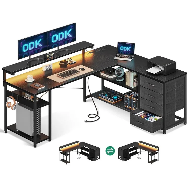 ODK Eckschreibtisch LED 2 Steckdosen 2 USB Ladeanschluss 155x110cm Schwarz