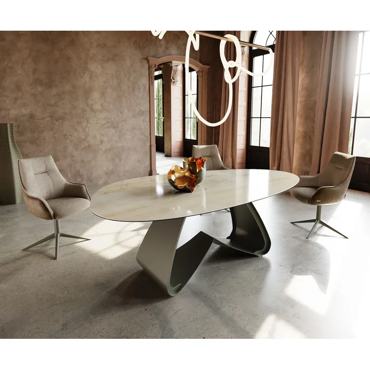 Esstisch Edge Oval 220x120 Keramik Iris FMG Onice Oro W-Gestell Metall Effektfinish Titan