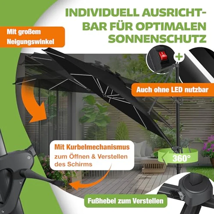 KESSER® Sonnenschirm Ampelschirm Sun Rund XL, Schwarz, Mit LED – Bild 6