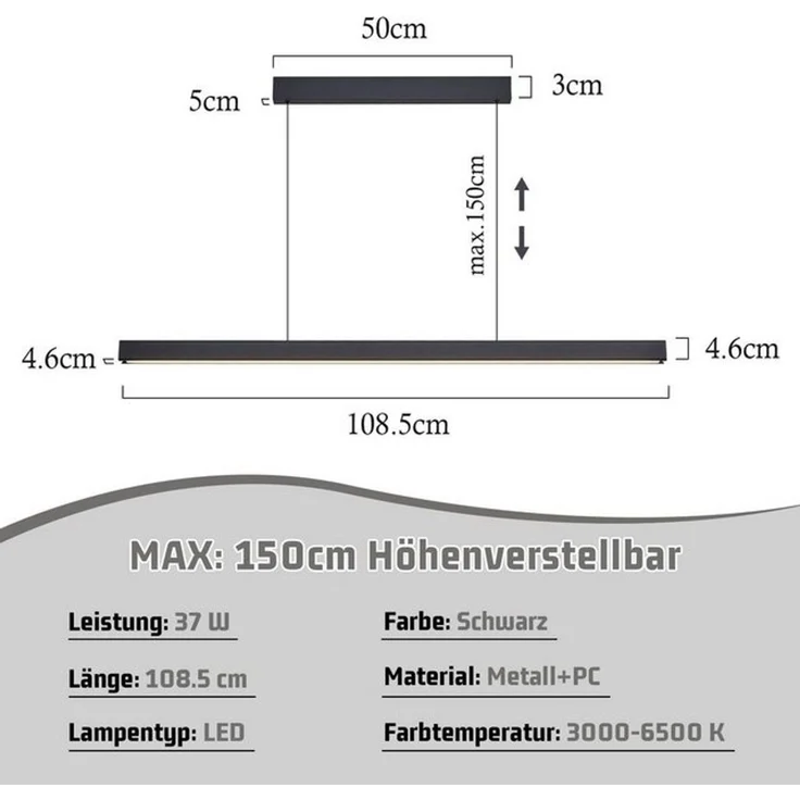 Nettlife LED Pendelleuchte Esstisch Dimmbar mit Fernbedienung Hängelampe 107CM 32W, Höhenverstellbar, LED fest integriert, 3000-6500, Esstisch Pendellampe für Küche Bar Wohnzimmer Schlafzimmer Büro – Bild 4