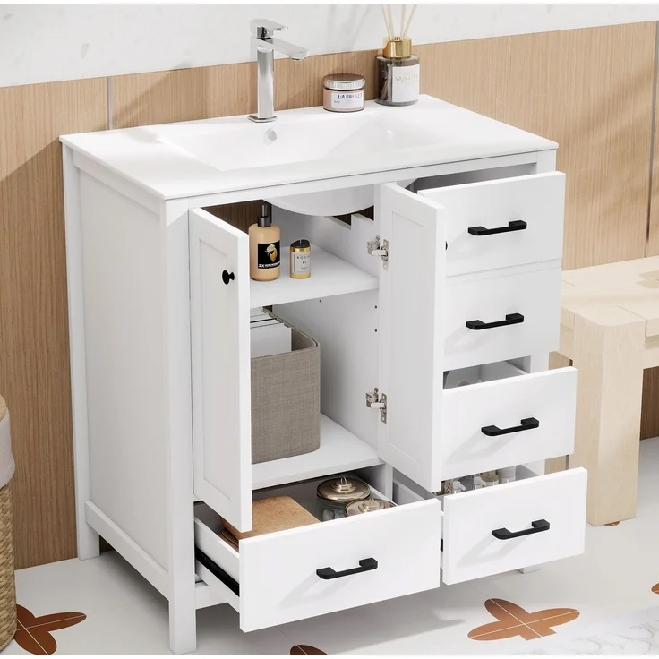 Badmöbel mit Waschbecken 76 x 46 x 82 cm – freistehend, mit 4 Schubladen und verstellbaren Einlegeböden – Bild 5