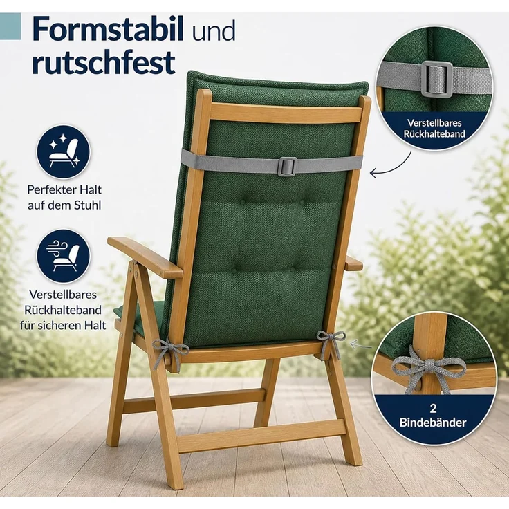 BURI 6x Auflagen Set Hochlehner für Gartenstühle 120x48x7cm Sesselauflagen Polster UV Lichtecht - Gartenstuhlauflagen Stuhlkissen mit Dicker Schaumstoff Füllung (Dunkelgrün) – Bild 5