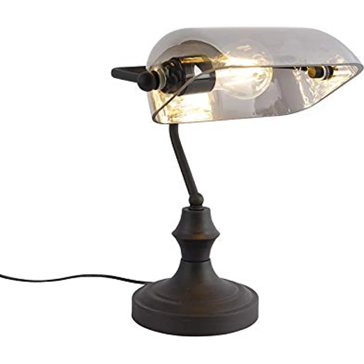 QAZQA Klassische Notarlampe, Antik Schwarz mit Geräuchertem Spiegelglas, Längliche Bankerleuchte, LED geeignet E27, Dimmbar, 34,5 cm Höhe – Bild 6