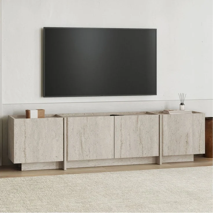 Modern TV Stand, Travertine Color, 180 x 46 x 35 cm | 100% Melamine Coated Particle Board, 18 mm Thickness | Soft-Close Hinges, Stylish Design for Living Room & Entertainment Spaces – Bild 1