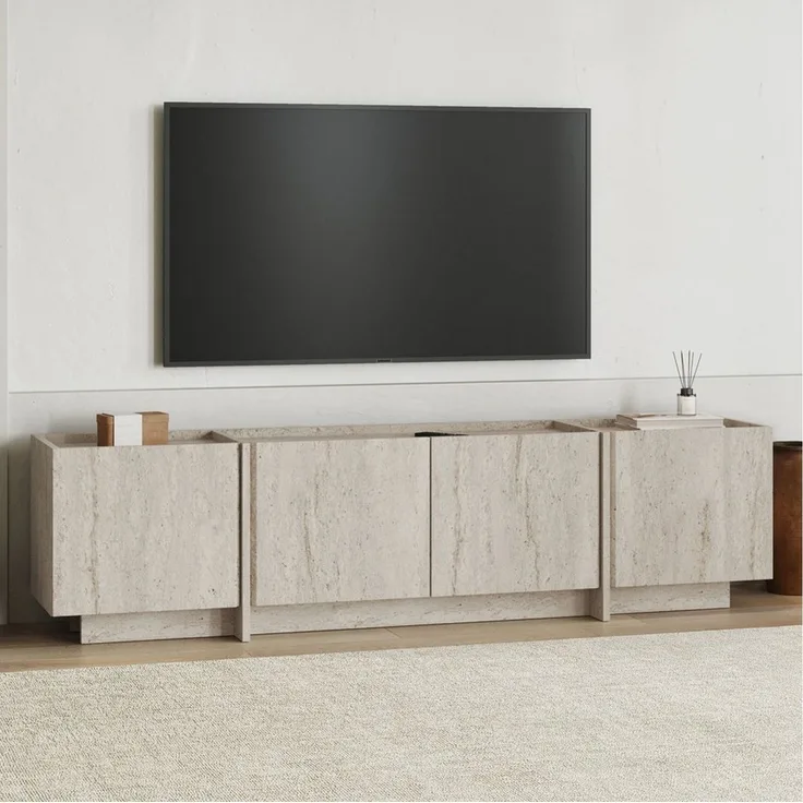 Modern TV Stand, Travertine Color, 180 x 46 x 35 cm | 100% Melamine Coated Particle Board, 18 mm Thickness | Soft-Close Hinges, Stylish Design for Living Room & Entertainment Spaces
