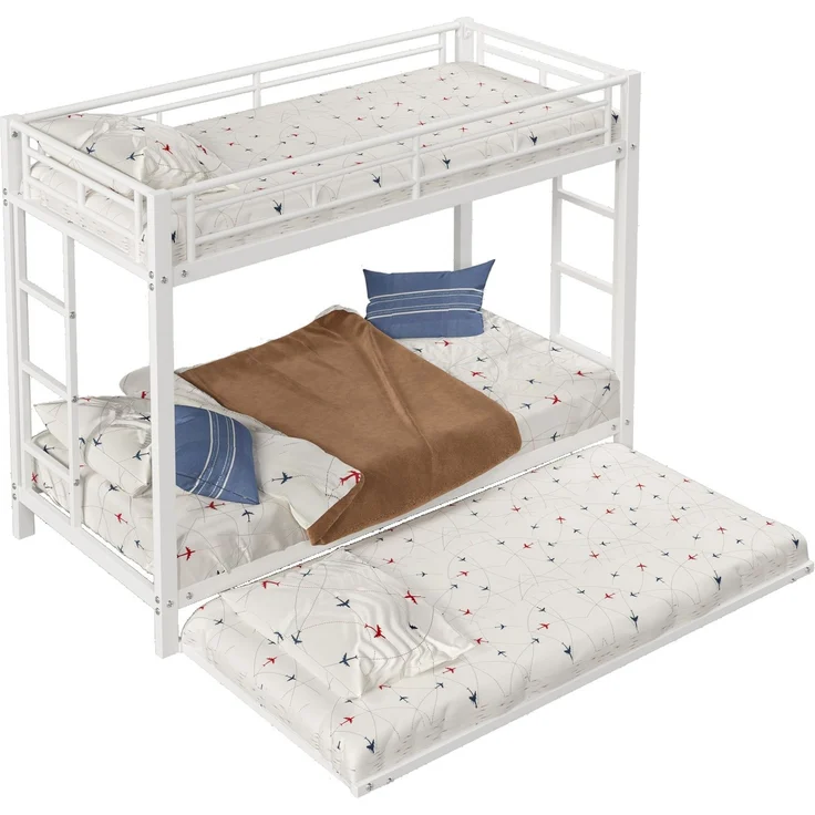 Etagenbett 90x200 cm mit ausziehbarem Rollbett, Metallrahmenbett mit hohem Sicherheitsgeländer, Kinderbett mit Doppelbettfunktion,Weiß – Bild 6