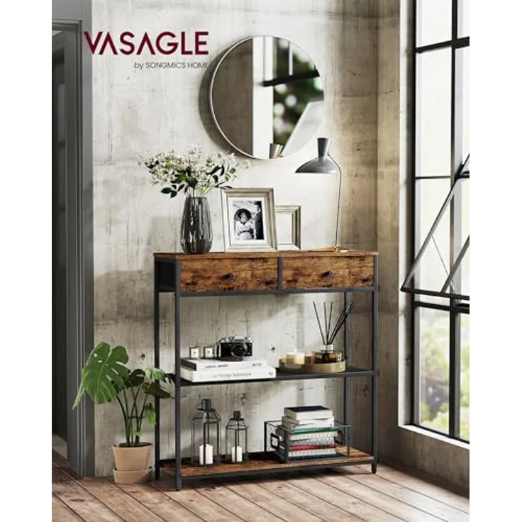VASAGLE Konsolentisch schmal, Beistelltisch mit 2 Stoffschubladen, Flurtisch, 24 x 76 x 80 cm, für Flur, Wohnzimmer, vintagebraun-tintenschwarz – Bild 3