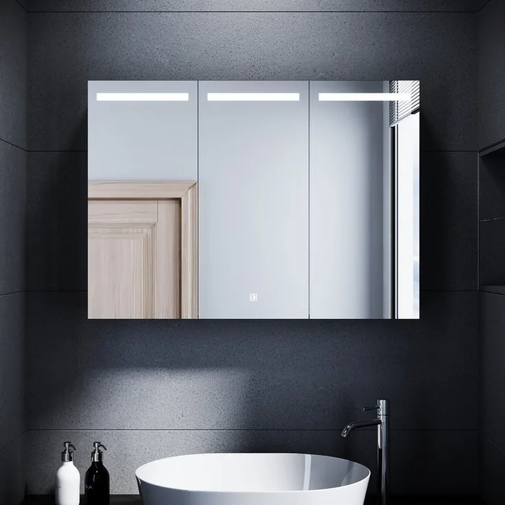 SONNI Spiegelschrank Spiegelschrank 3-türig bad mit led 90 cm breit Edelstahl mit Kippschalter, Steckdose, verstellbare Einlegeböden,IP44