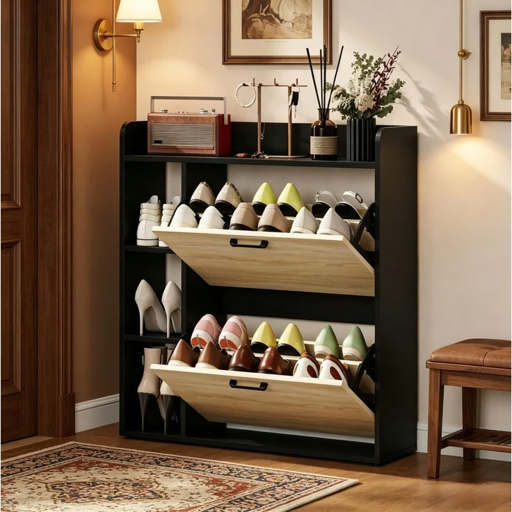 DESVIAE Garderobenschrank für Schuhe Schwarz/Naturholz aus Partikelplatte – 83x90,5x24 cm – 2 Kippschränke – Bild 2