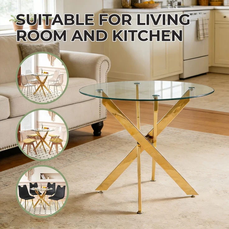 JARDJ Esstisch mit gekreuzten Metallbeinen und Tischplatte aus gehärtetem Glas, moderner, platzsparender Küchentisch für das Wohnzimmer, verchromte Beine, runder Tisch, goldene Beine, 80 x 80 x 75 cm – Bild 5
