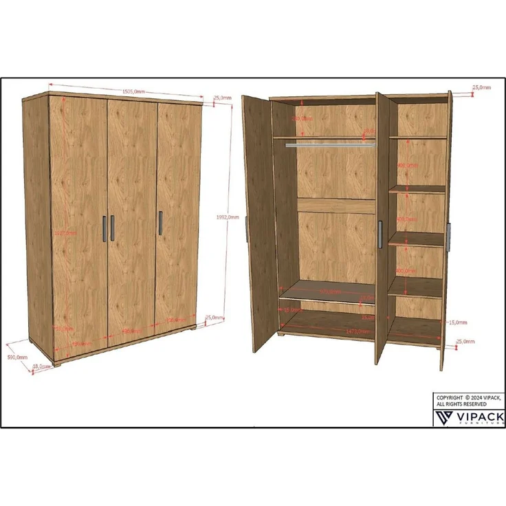 Jugendzimmer Set Keelia Eiche mit Bett Kleiderschrank 3 trg – Bild 2