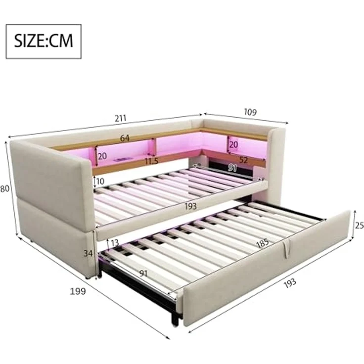 Ball & Cast Polsterbett Ausziehbares Schlafsofa 90/180 * 190cm, ausgestattet mit LED Leuchten, Steckdosen und vielen Ablagefächern, Polsterbett, Multifunktionsschlafsofa, Einzelbett, Beige – Bild 2