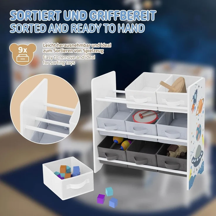 Joyz Spielzeugtruhe Kinderregal Kindermöbel Kinderzimmerregal Spielzeug Spielzimmer Möbel, Weltraum Bücherregal mit 9 Boxen & 3 Etagen Pressspan / Vlies – Bild 6