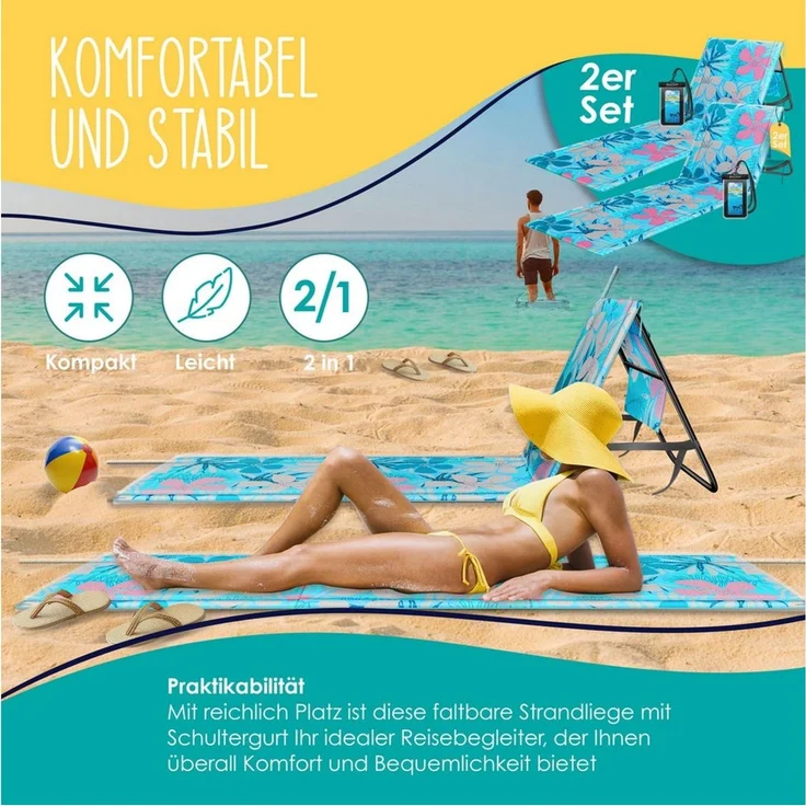 KESSER® Strandmatte klappbar mit verstellbarer Rückenlehne, Strandliege faltbar mit Tragegurt, wasserdichter Handyhülle & Aufbewahrungstasche, Sonnenliege für Strand Garten Terrasse, Liegematte 130Kg Hellblau, 2er Set – Bild 3