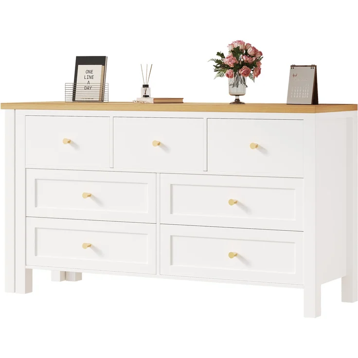 Schreibtisch mit 7-Schubladen Kommode -2-in-1 Drehwerkbank und Sideboard, Eichenoptik, 360° drehbare Tischplatte, weiß / natur, Schreibtisch, Frisiertisch, L-förmiger Eckschreibtisch – Bild 5