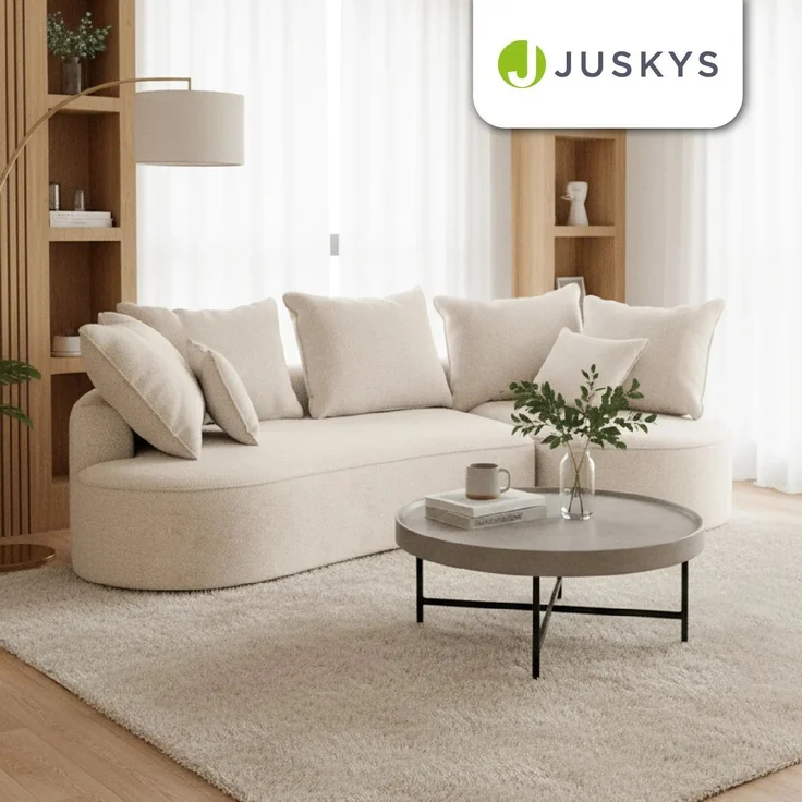 Juskys Sofa Tirano - Bouclé Creme , Ecksofa mit L-Form, mit Rücken- & Dekokissen, 4-Sitzer Eckcouch, Schaumstoff - Ottomane rechts – Bild 7