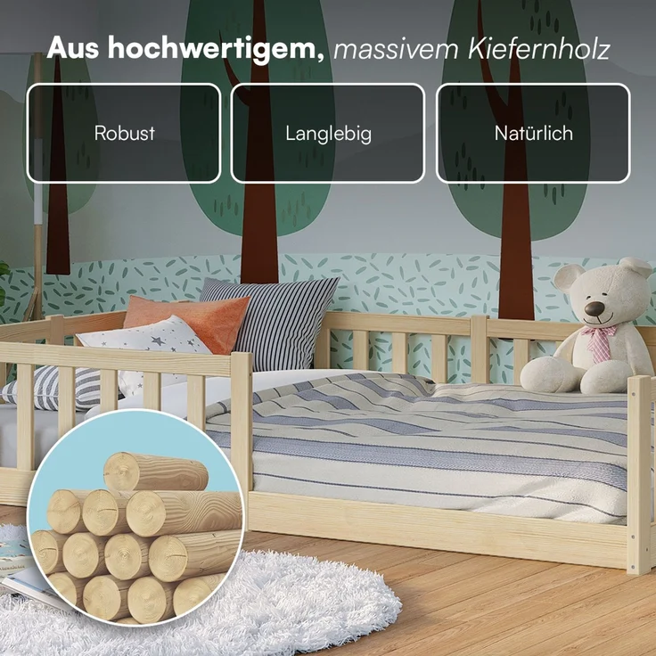 Bellabino 'Vere' Bodenbett 120x200 cm mit Matratze, natur, Massivholz Kiefer, Montessori Kinderbett mit Rausfallschutz und Lattenrost – Bild 7