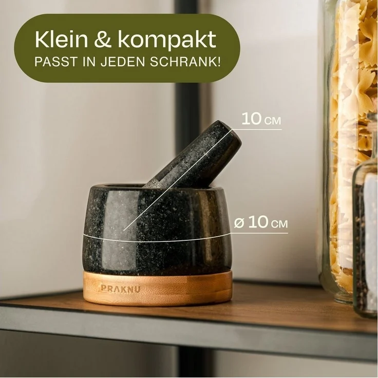 Praknu Mörser Mörser aus Granit klein mit Stößel - Für ein feines Mahlergebnis, Für ein feines Mahlergebnis - Untersetzer aus nachhaltigem FSC Holz – Bild 3