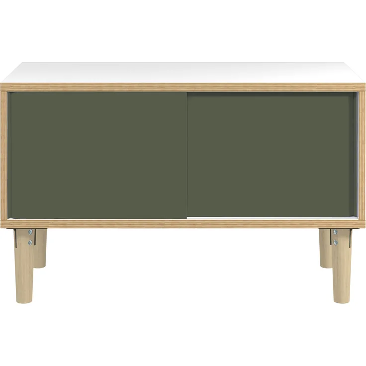 Poise Sideboard, Plywood, Schiebetüren in olivgrün, 4 Füße aus Eiche, H 621 x B 1000 x 450 mm
