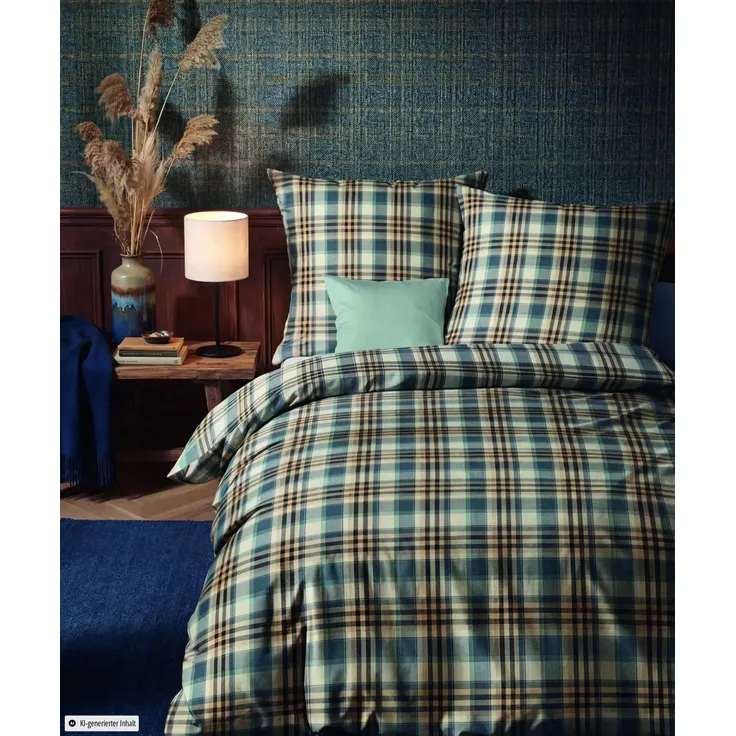 Fleuresse Lech Edelflanell Bettwäsche 200x200 Karo blau beige 605082-02