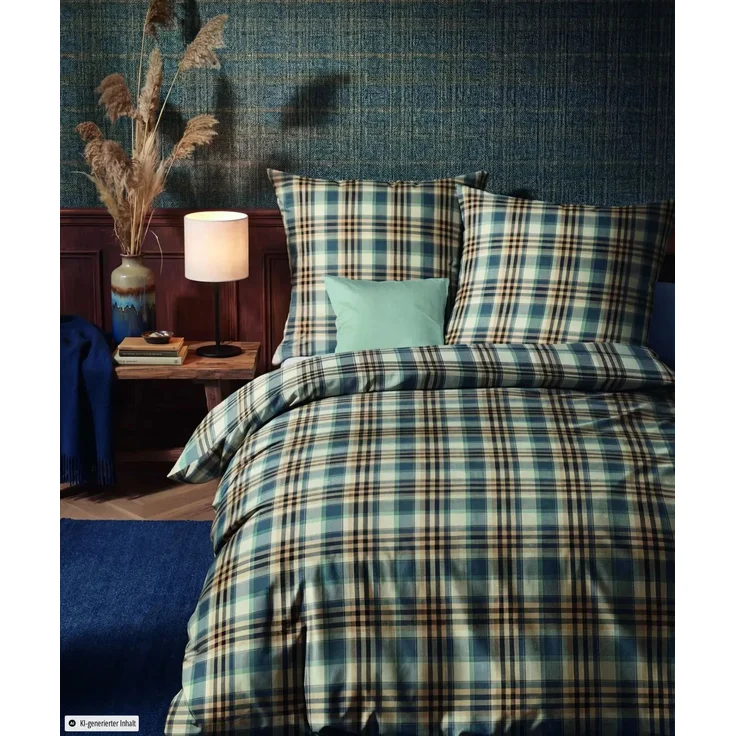 Fleuresse Lech Edelflanell Bettwäsche 200x200 Karo blau beige 605082-02 – Bild 1