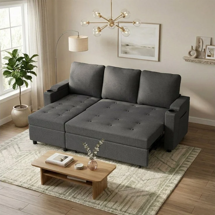 HOMALL Ecksofa Multifunktionales L-Form Schlafsofa, mit Stauraum, Gästebett-Funktion, wechselbarer Links-/Rechtsposition, Tassenhaltern & Seitentasche – Bild 4