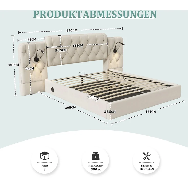 Polsterbett, Samt mit USB-Anschluss, Leselampen & Stauraum, 160x200 cm, Beige, ohne Matratze – Bild 10