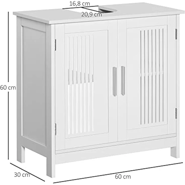 kleankin Waschtischunterschrank für Badezimmer – 2 geriffelte Türen mit verstellbarem Regal – Griffe aus Aluminiumlegierung – Maße: 60 x 30 x 60 cm (L x B x H) – MDF, weiß – Bild 3