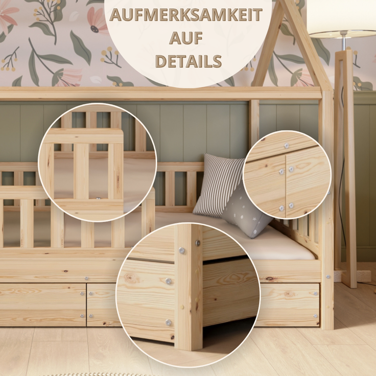 Crazy Pine 'Crazy Blanco' Hausbett mit Rausfallschutz, Skandinavisches Design, Naturholz, Natur, 120x200 cm, mit Schubladen – Bild 9