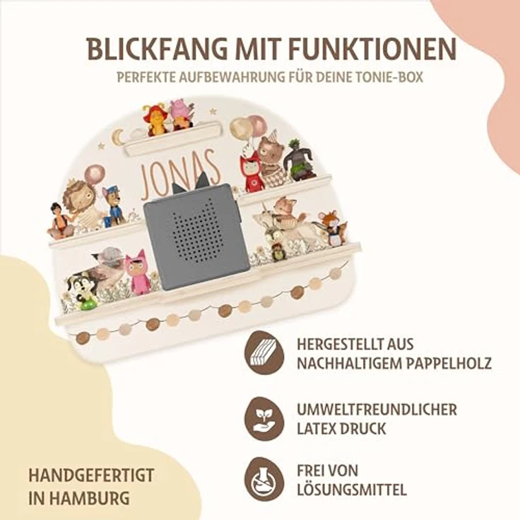 Kidsmood - Tonie Regal für Kinderzimmer, personalisiert mit deinem Namen - magnetisches Wandregal für Tonie Hör-Figuren & Tonie-Box - Tiere-Luftballon – Bild 6