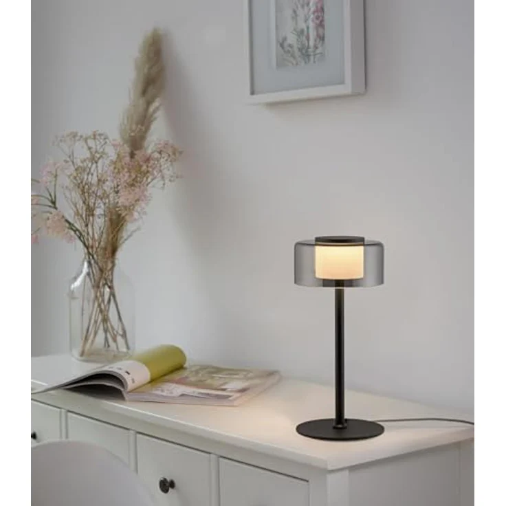 Paul Neuhaus LED Tischleuchte RIKA, Ø 15 x H 33 cm, Rauchfarben, Schwarz, Metall, Dimmfunktion, Memoryfunktion, LED fest integriert, Extra-Warmweiß, Lampenschirm aus Glas, Touch – Bild 2
