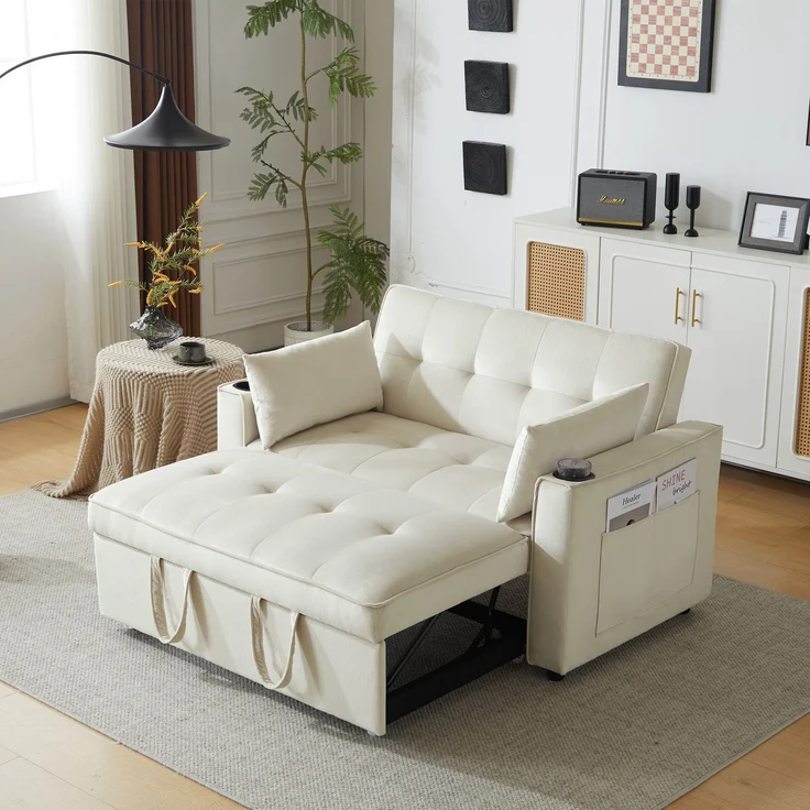 Schlafsofa 2-Sitzer mit verstellbarer Rückenlehne, Samtbezug & Getränkehaltern – Modernes Sofa mit Bettfunktion und Stauraum,Beige – Bild 4