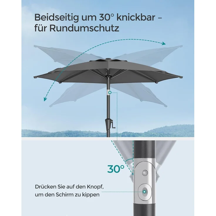 Songmics Sonnenschirm mit UV-Schutz bis UPF 50+, knickbar, Metall / Polyester grau, Ø 2 x 2,15 m – Bild 4
