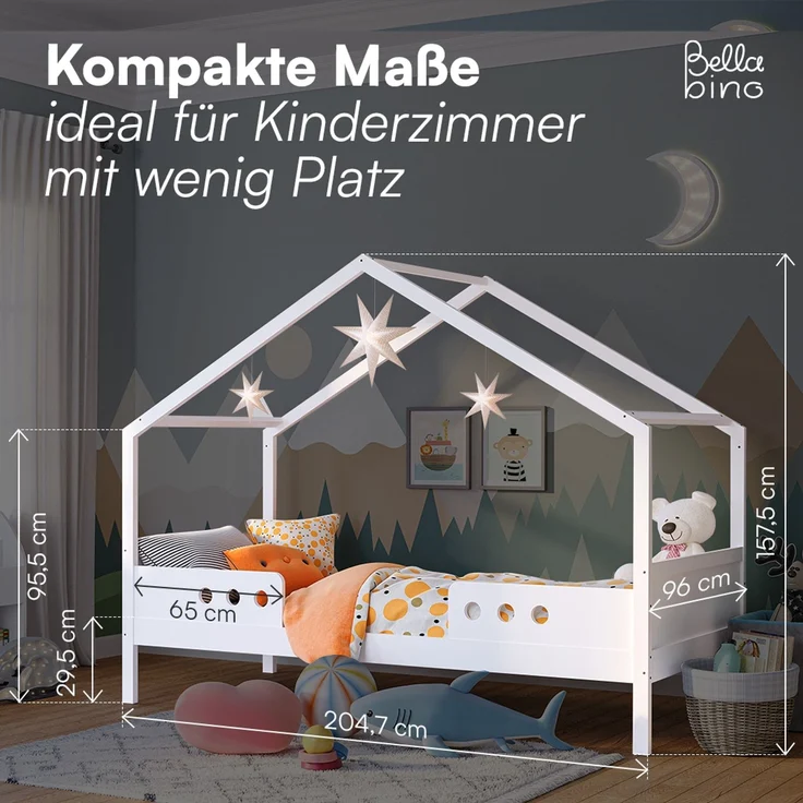 Bellabino 'Bela' Hausbett 90x200 cm mit Matratze, weiß, Kiefer Massivholz, Montessori Kinderbett mit Rausfallschutz und Lattenrost – Bild 10