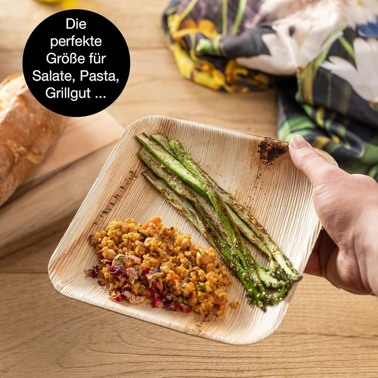 Moritz & Moritz Einweggeschirr-Set 25tlg Palmblatt Geschirr Eckig 20cm (25-tlg), 25 Personen, Palmblatt, Birkenholz, 25x25cm – Bild 4
