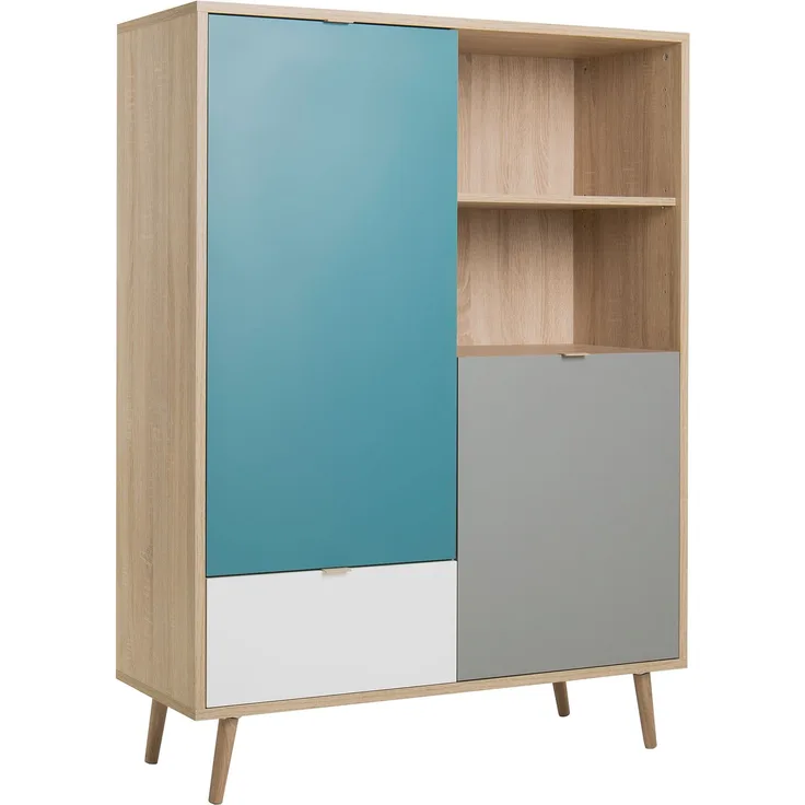 Finori Cuba 53 Highboard, Dekor Sonoma Eiche / Tricolor | Highboard für Wohnzimmer | Maß: B x H x T ca. 103 x 139 x 40 cm | Highboard mit 2 Türen (dahinter je 1 Einlegeboden), 2 offene Fächer und 1 Schubkasten
