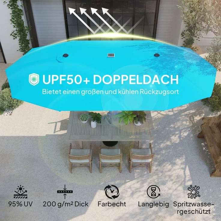 Outsunny Sonnenschirm mit Handkurbel, Solar-Lichtern, LxB: 451x267 cm, Doppelsonnenschirm aus Aluminium, Balkonschirm UV 50+, für Strand, Balkon, Garten, 451x267 cm, Blau – Bild 3