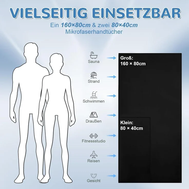 3er Set Mikrofaser Handtuch: Groß 160x80cm & 2 Klein 80x40cm, Schnelltrocknend – Bild 4