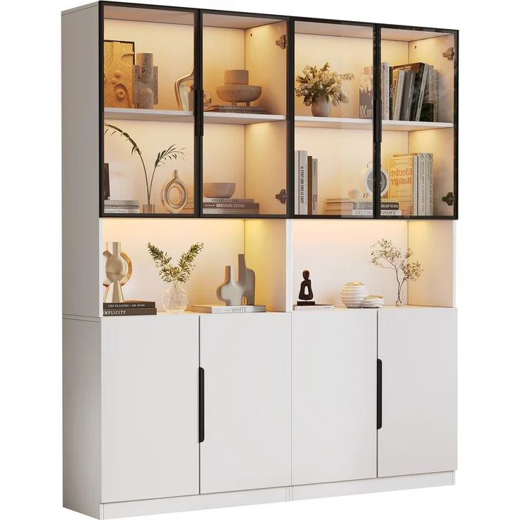 ZUBALIYA Vitrine (30 x 160 x 200 cm), LED - Beleuchtung, Verstellbare Einlegeböden, Stauraum für Wohnzimmer und Esszimmer, Weiß – Bild 4