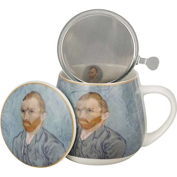 DUO ART GALLERY Fassbecher 430 ml mit Teesieb PORTRAIT OF Van Gogh, New Bone China Porzellan